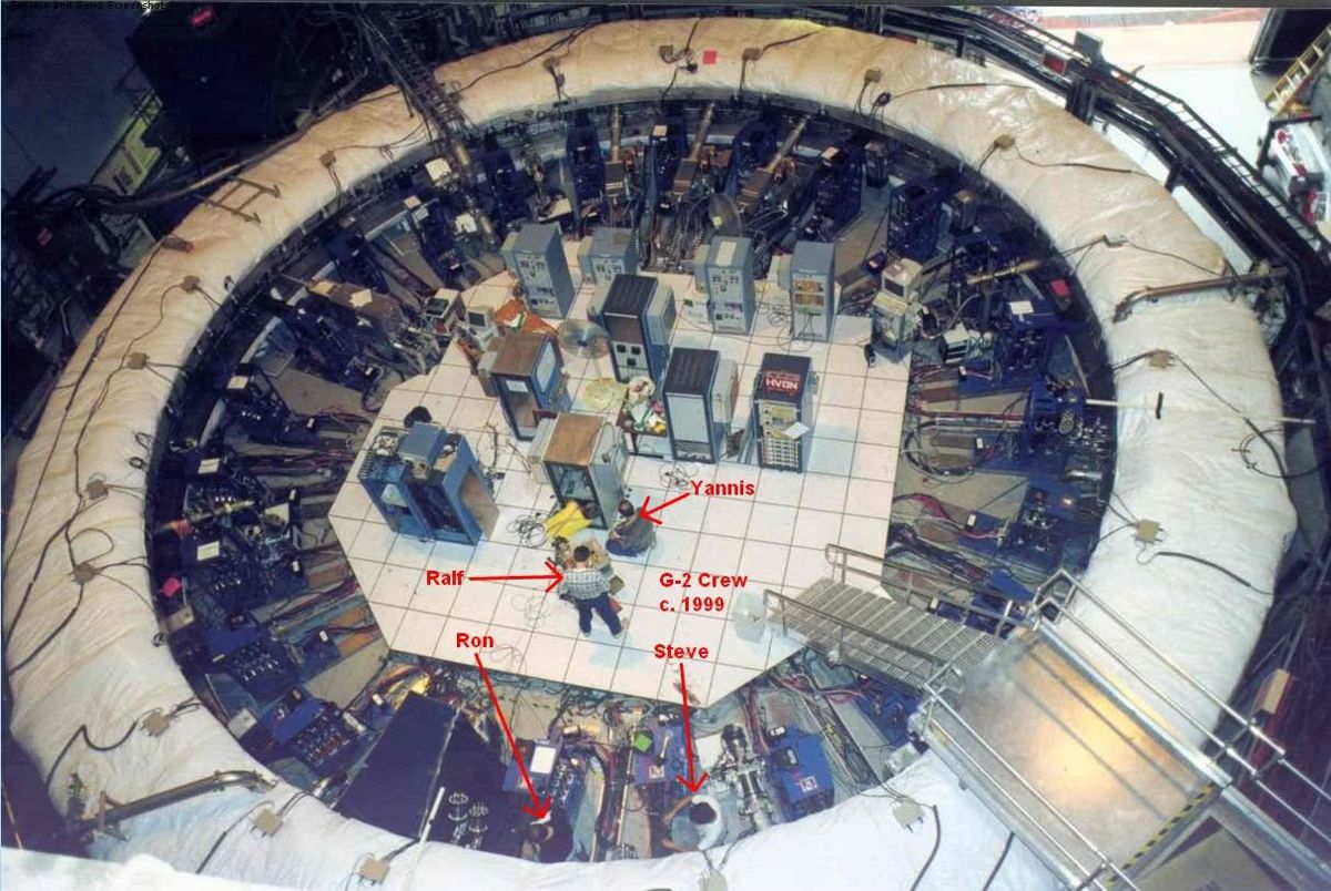Overhead view of the E821 muon storage ring at Brookhaven with the crew working around it