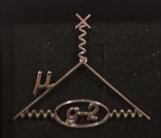 Steel lapel pin shaped like a Feynman diagram: a muon line, a wavy photon ending in an X, and an oval labeled g-2